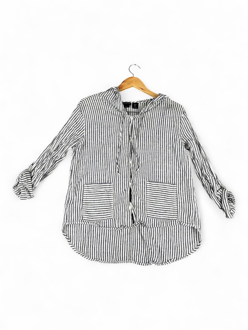 Tahari Linen Striped Hooded Button-Down Tunic Top M